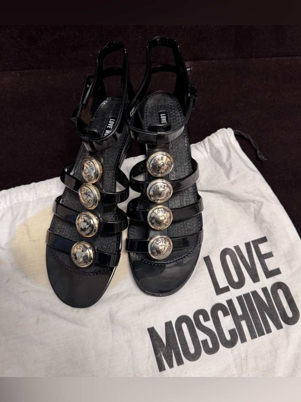 Love Moschino Black Patent Sandals with Medallions size 39 with dustbag